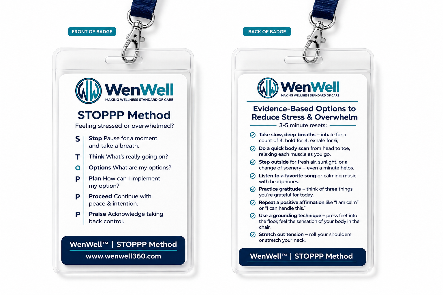 WenWell™ STOPPP Method™ badge — front shows the 6-step STOPPP framework; back shows evidence-based 3–5 minute stress resets.